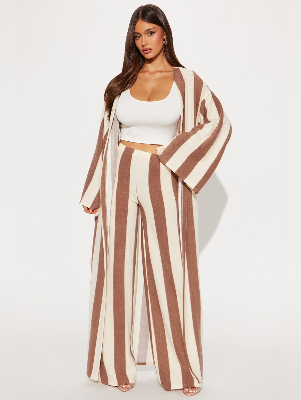 Fashion Nova STEPH Striped Pants Set Brown & Cream Wide-Leg Knit SZ LG - Picture 4 of 8